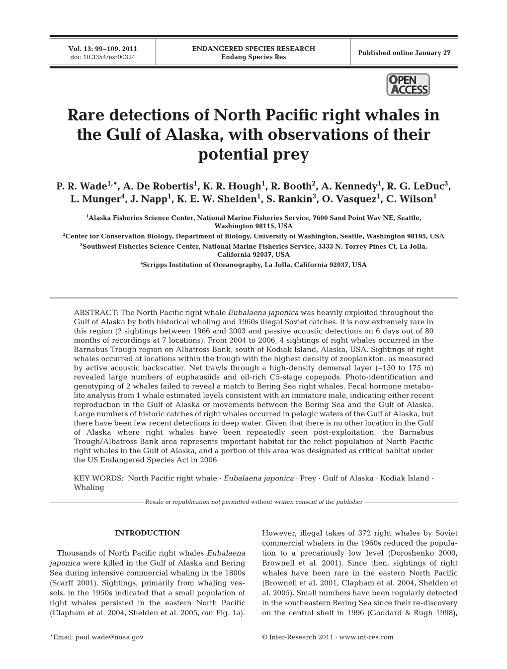 Rare Detections of North Pacific Right Whales in the Gulf of Alaska, with Observations of Their Potential Prey