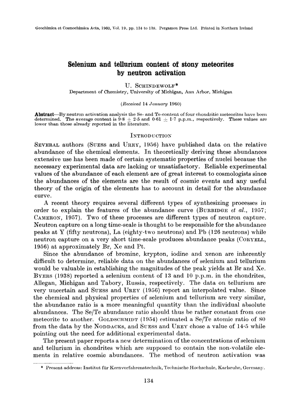 Selenium and Tellurium Content of Stony Meteorites by Neutron Activation