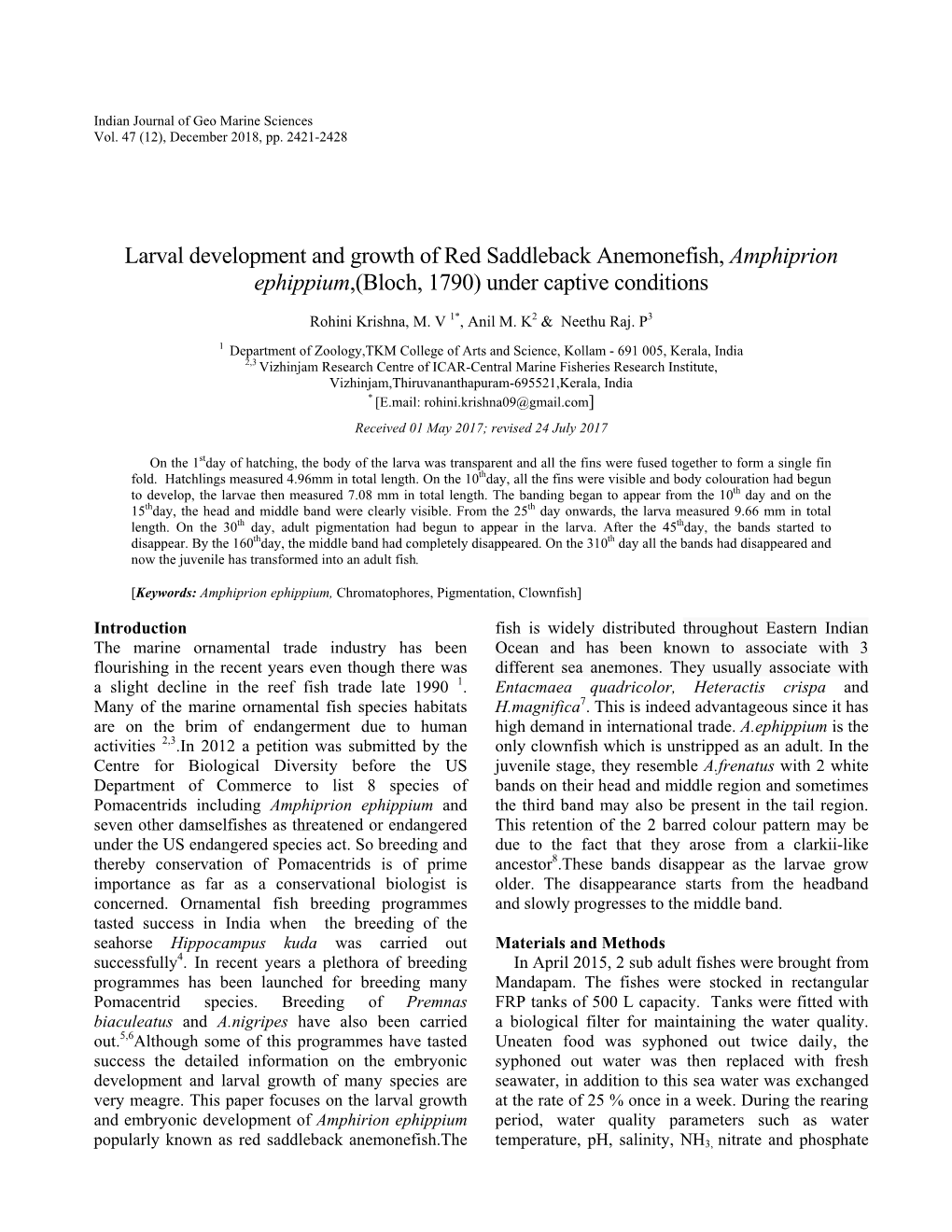 Larval Development and Growth of Red Saddleback Anemonefish, Amphiprion Ephippium,(Bloch, 1790) Under Captive Conditions