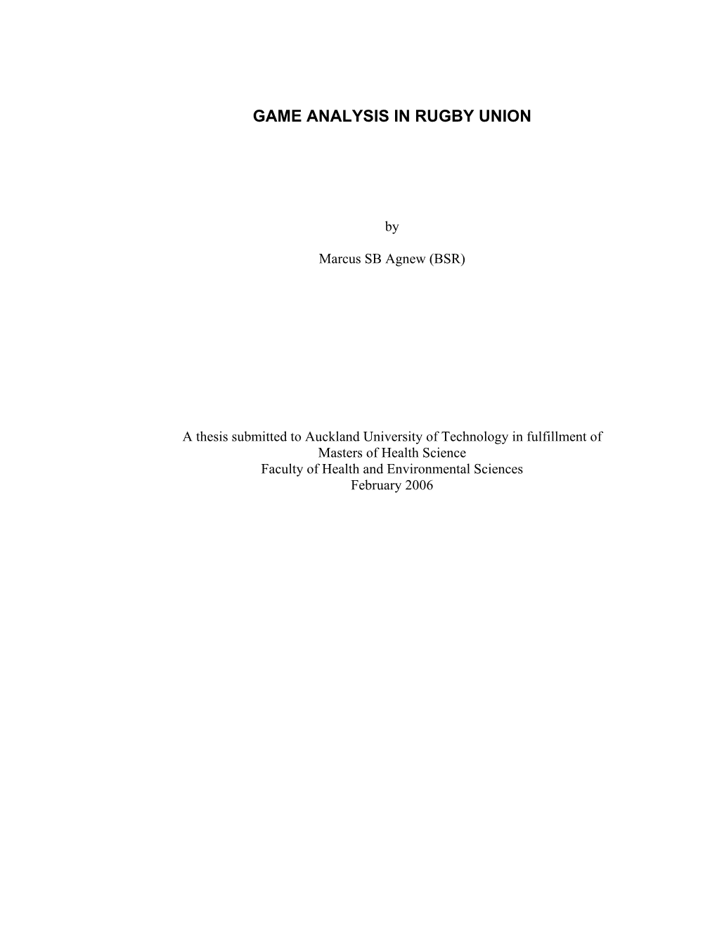 Chapter 1 - Game Analysis in Rugby Union: a Review of the Literature