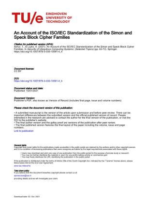 An Account of the ISO/IEC Standardization of the Simon and Speck Block Cipher Families