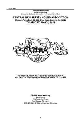 CENTRAL NEW JERSEY HOUND ASSOCIATION Tinicum Park, Route 32, 963 River Road, Erwinna, PA 18920 THURSDAY, MAY 2, 2019