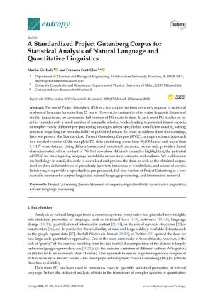 A Standardized Project Gutenberg Corpus for Statistical Analysis of Natural Language and Quantitative Linguistics