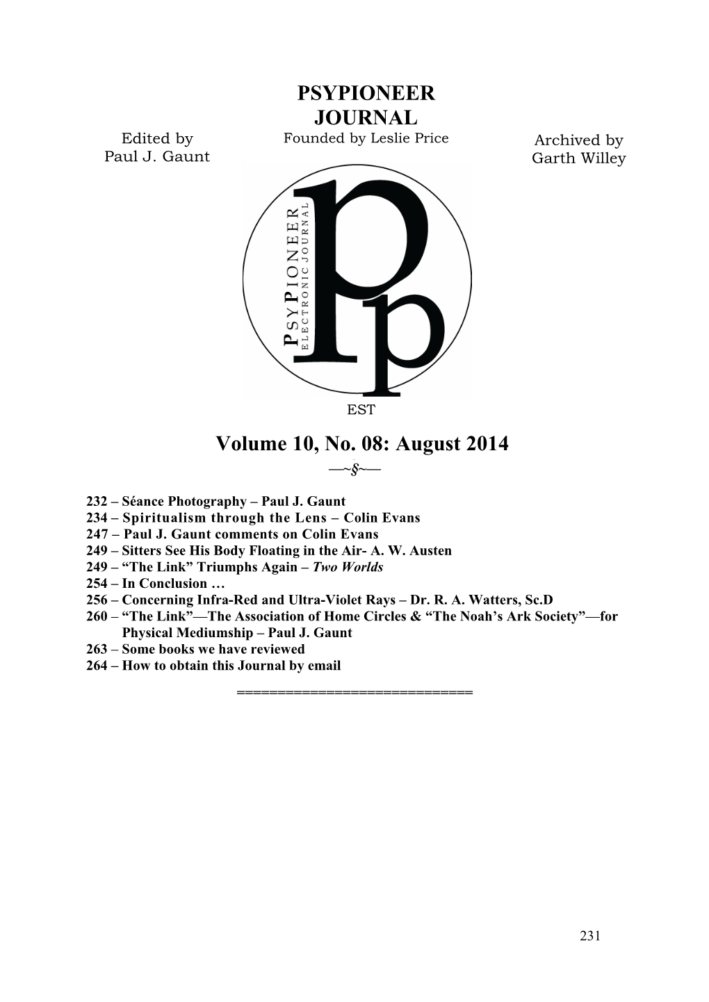 PSYPIONEER JOURNAL Volume 10, No. 08: August 2014