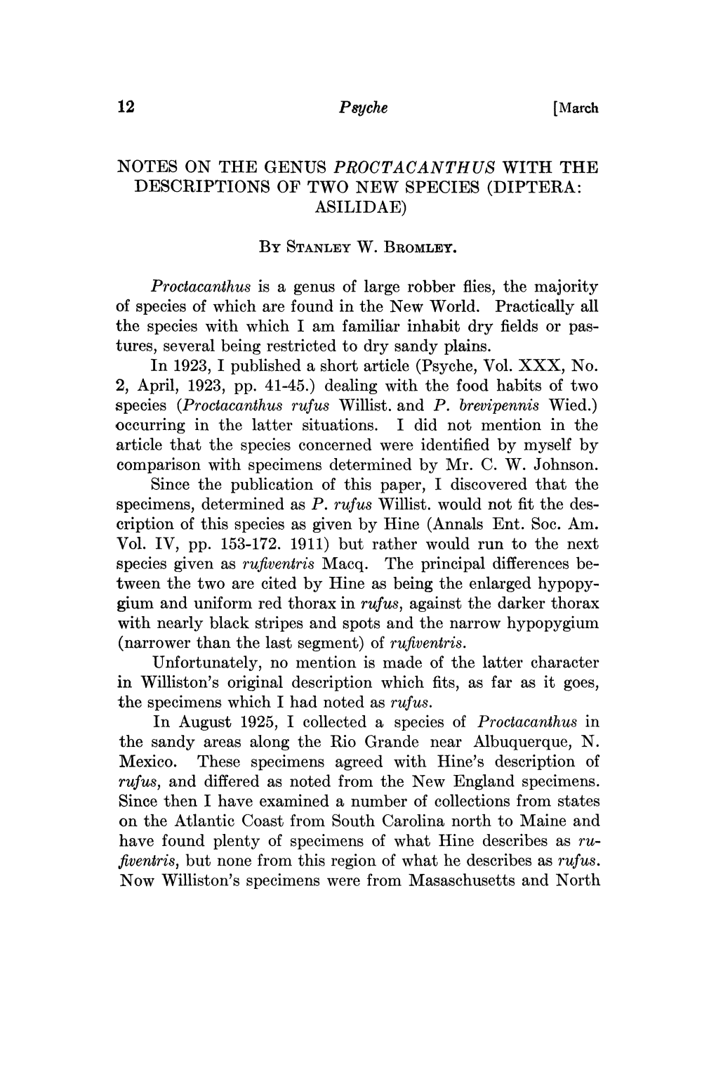 March NOTES on the GENUS PROCTACANTHUS with the DESCRIPTIONS of TWO NEW SPECIES (DIPTERA: ASILIDAE) by STANLEY W. BROMLEY. S