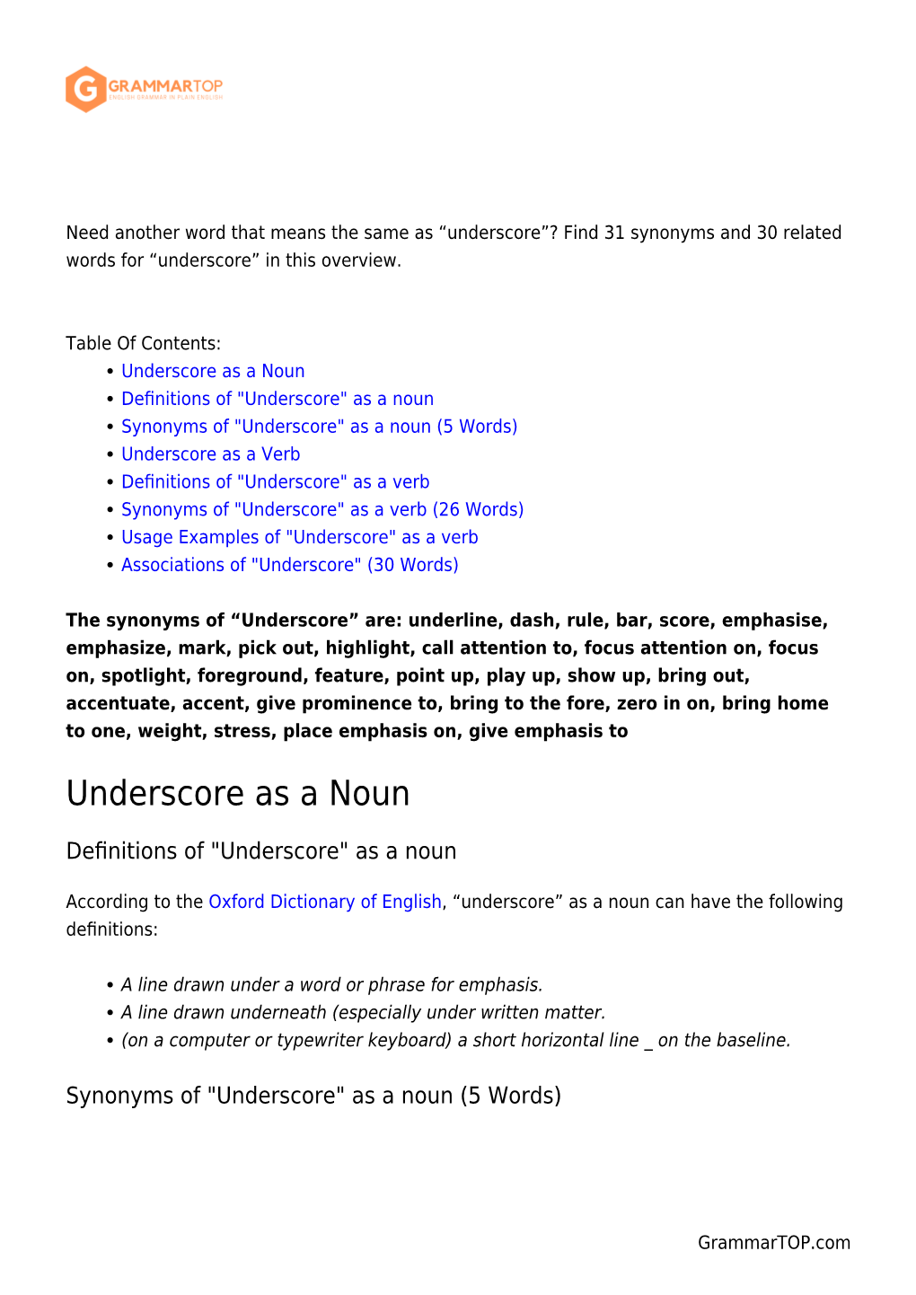 Underscore”? Find 31 Synonyms and 30 Related Words for “Underscore” in This Overview