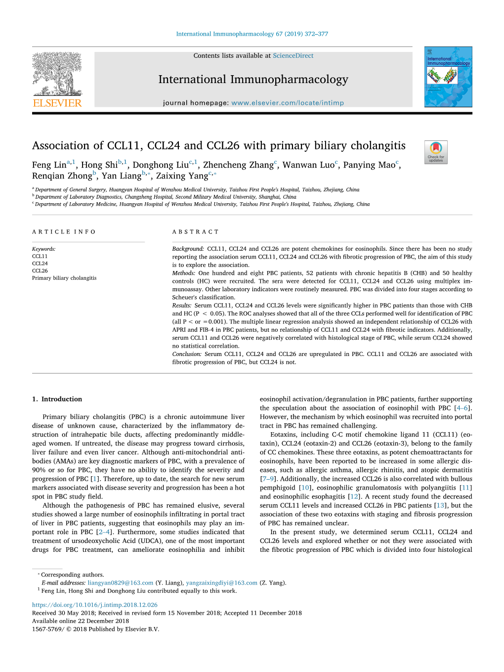 Association of CCL11, CCL24 and CCL26 with Primary Biliary Cholangitis