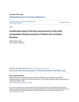 Gasteromycetes) of Alberta and Northwest Montana