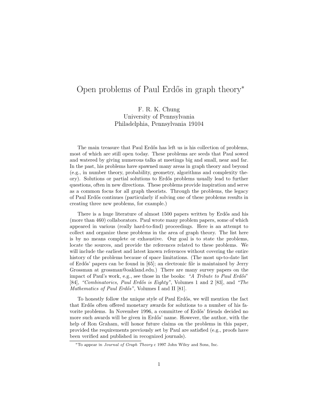 Open Problems of Paul Erd˝Os in Graph Theory∗