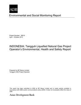 Environmental and Social Monitoring Report INDONESIA: Tangguh Liquefied Natural Gas Project Operator's Environmental, Healt