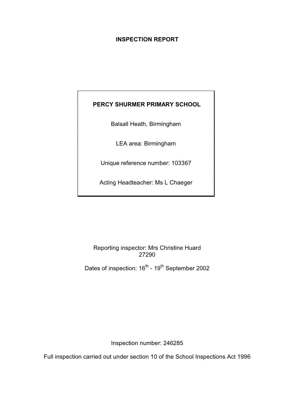 Inspection Report Percy Shurmer Primary School