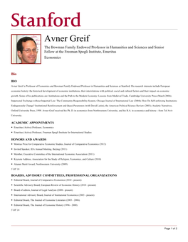 Avner Greif the Bowman Family Endowed Professor in Humanities and Sciences and Senior Fellow at the Freeman Spogli Institute, Emeritus Economics