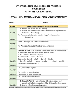 8Th GRADE SOCIAL STUDIES REMOTE PACKET #3 COVER SHEET ACTIVITIES for DAY #21-#30 LESSON UNIT- AMERICAN REVOLUTION and INDEPENDE