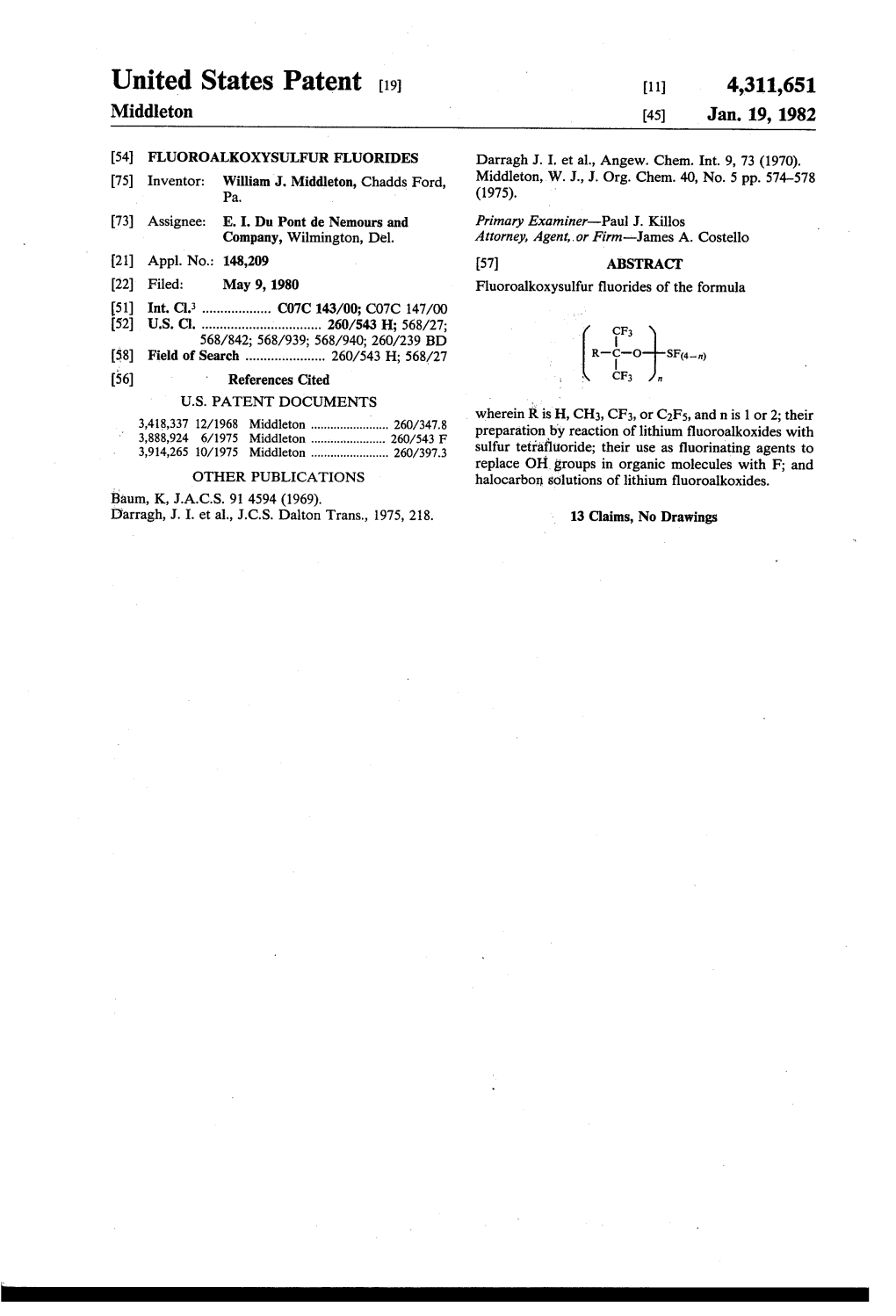 United States Patent (19) 11 4,311,651 Middleton 45) Jan