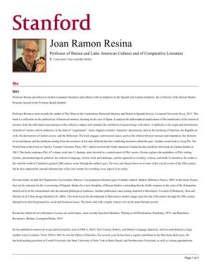 Joan Ramon Resina Professor of Iberian and Latin American Cultures and of Comparative Literature Curriculum Vitae Available Online