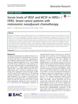 Serum Levels of VEGF and MCSF in HER2+ / HER2- Breast Cancer Patients with Metronomic Neoadjuvant Chemotherapy Roberto J
