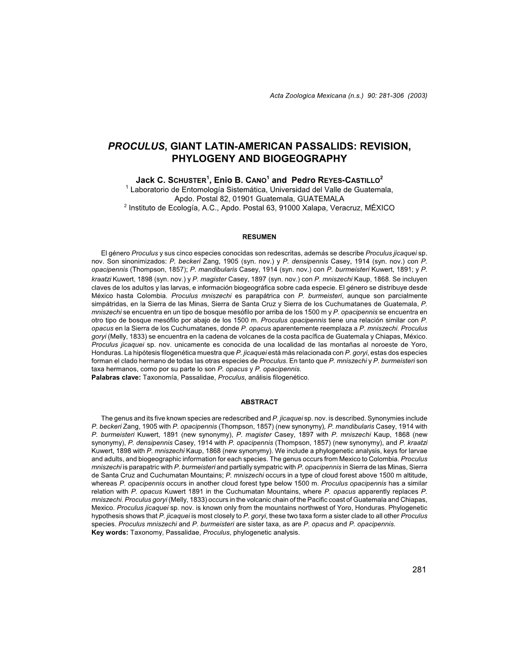 Proculus, Giant Latin-American Passalids: Revision, Phylogeny and Biogeography