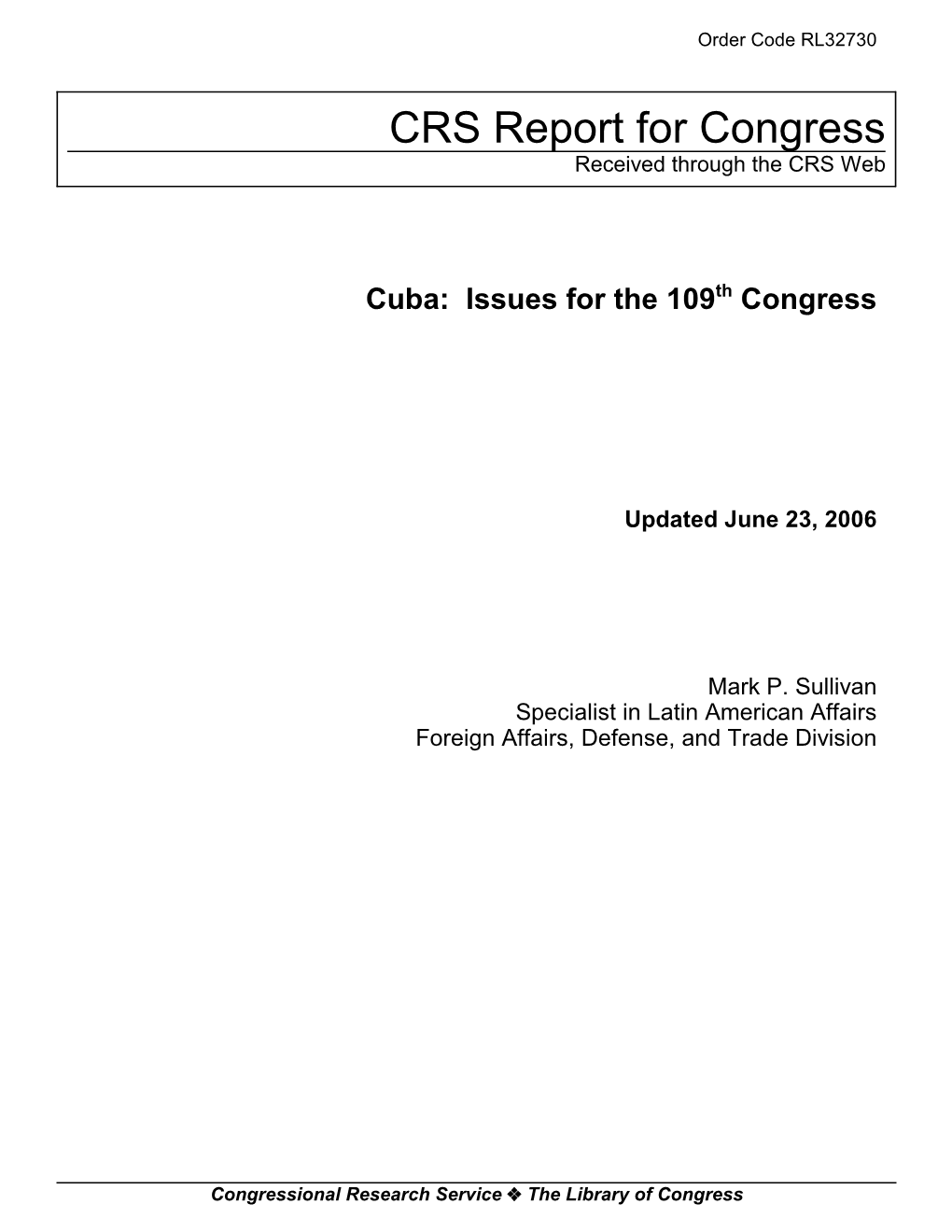 Cuba: Issues for the 109Th Congress