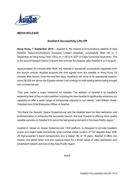 MEDIA RELEASE Asiasat 6 Successfully Lifts Off