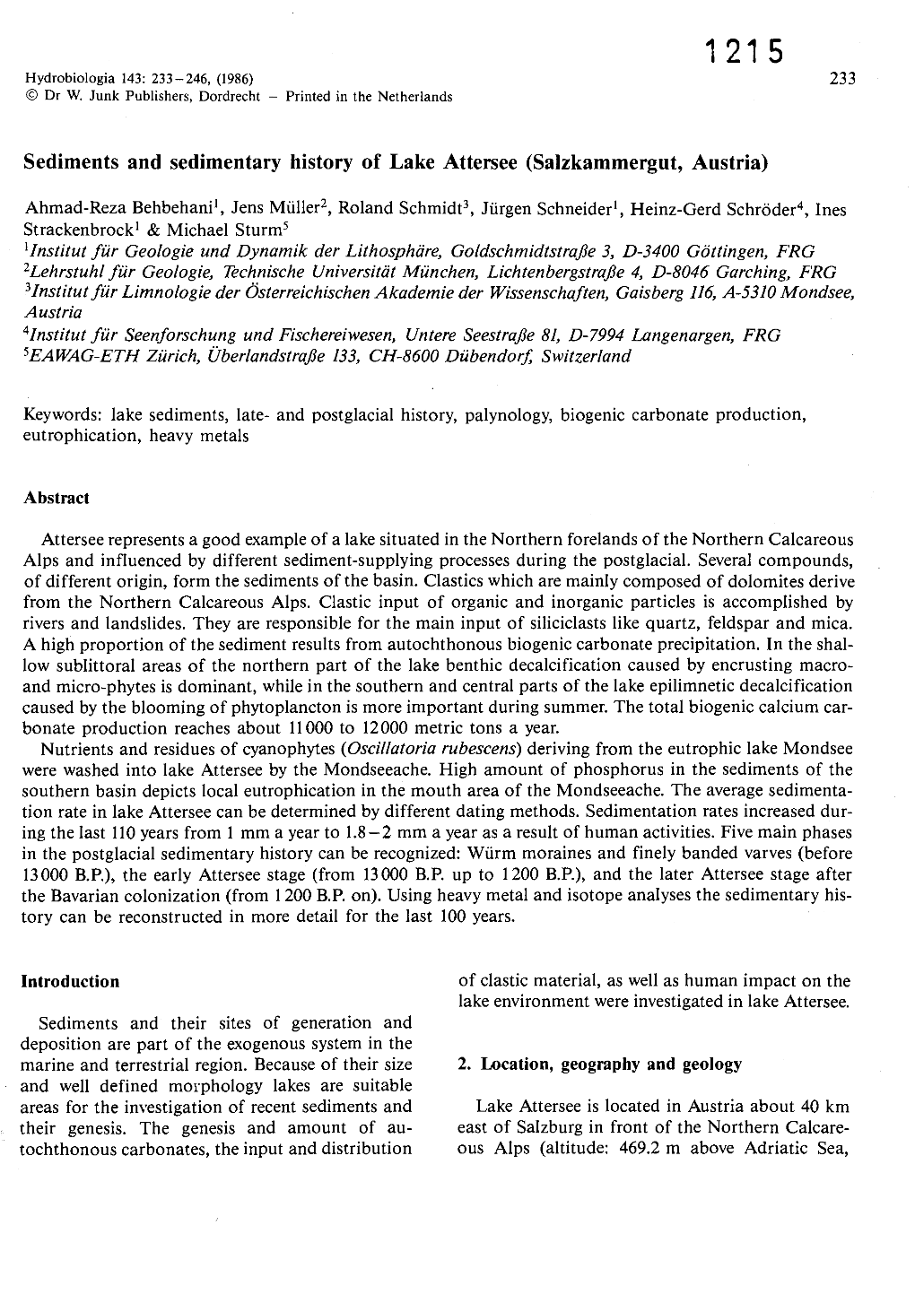 Sediments and Sedimentary History of Lake Attersee (Salzkammergut, Austria)