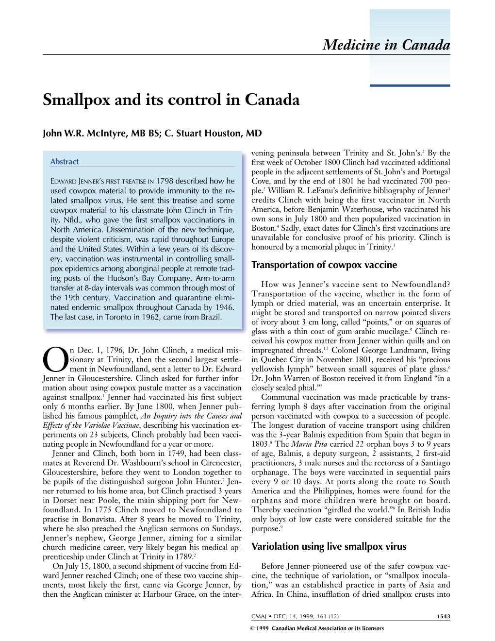 Smallpox and Its Control in Canada