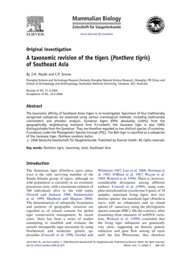 A Taxonomic Revision of the Tigers (Panthera Tigris) of Southeast Asia