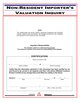Non-Resident Importer's Valuation Inquiry