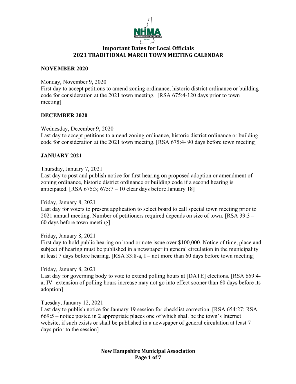 Traditional March Town Meeting Calendar