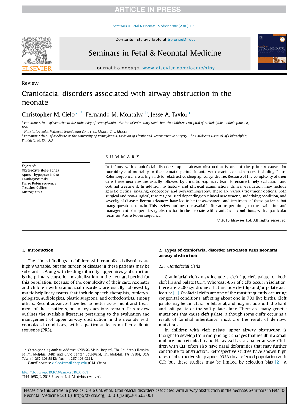 Craniofacial Disorders Associated with Airway Obstruction in the ...