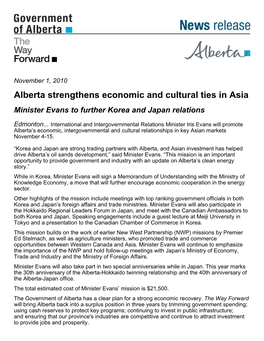Alberta Strengthens Economic and Cultural Ties in Asia Minister Evans to Further Korea and Japan Relations