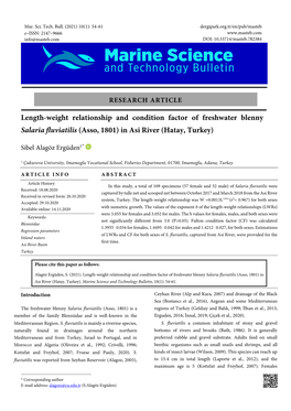Length-Weight Relationship and Condition Factor of Freshwater Blenny Salaria Fluviatilis (Asso, 1801) in Asi River (Hatay, Turkey)