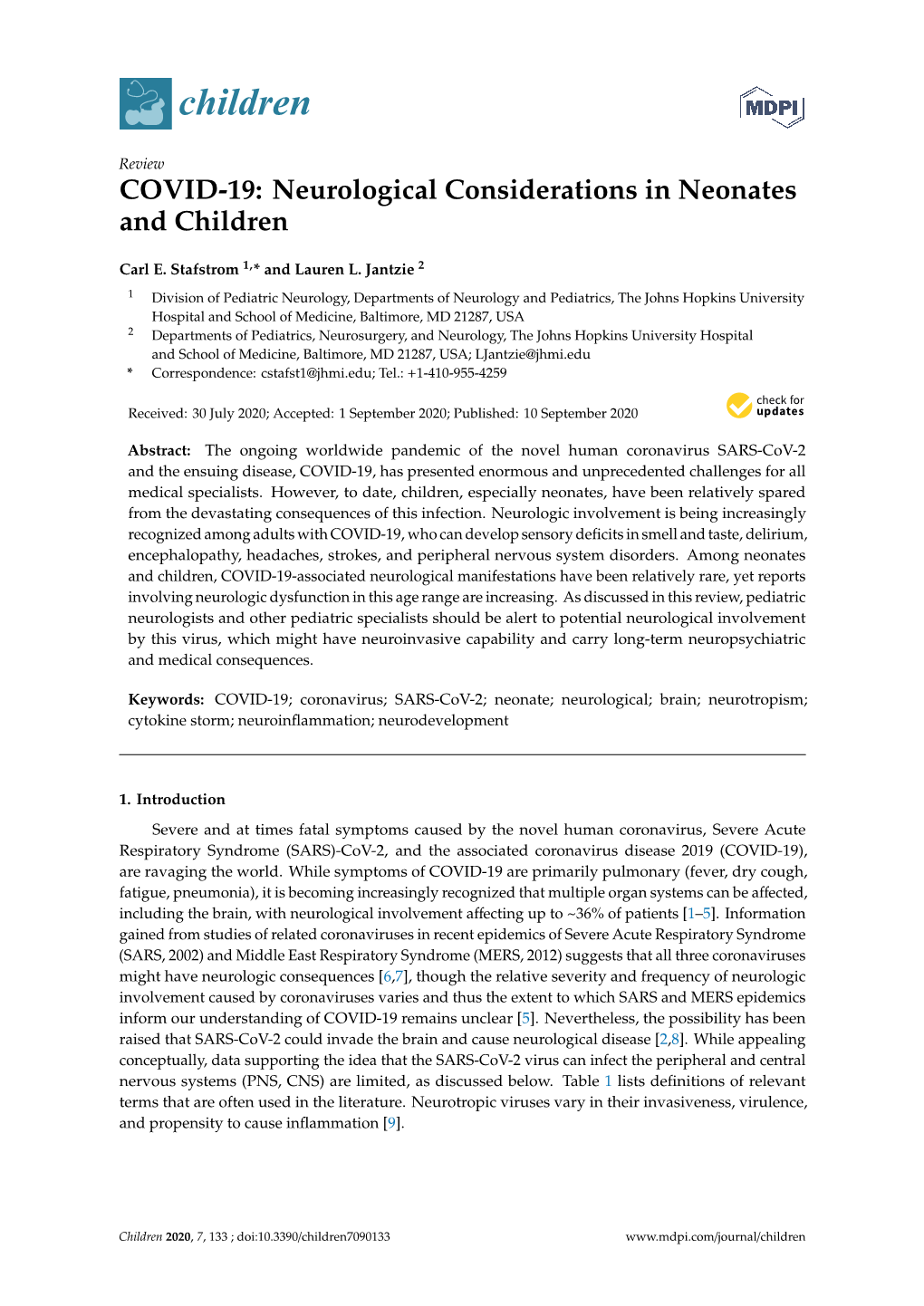 COVID-19: Neurological Considerations in Neonates and Children