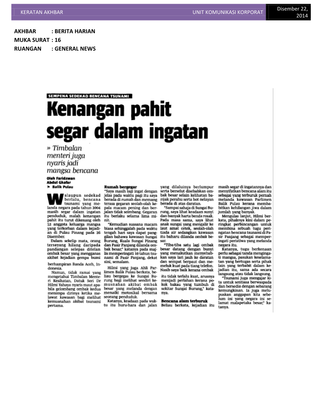 Keratan Akhbar Unit Komunikasi Korporat 2014