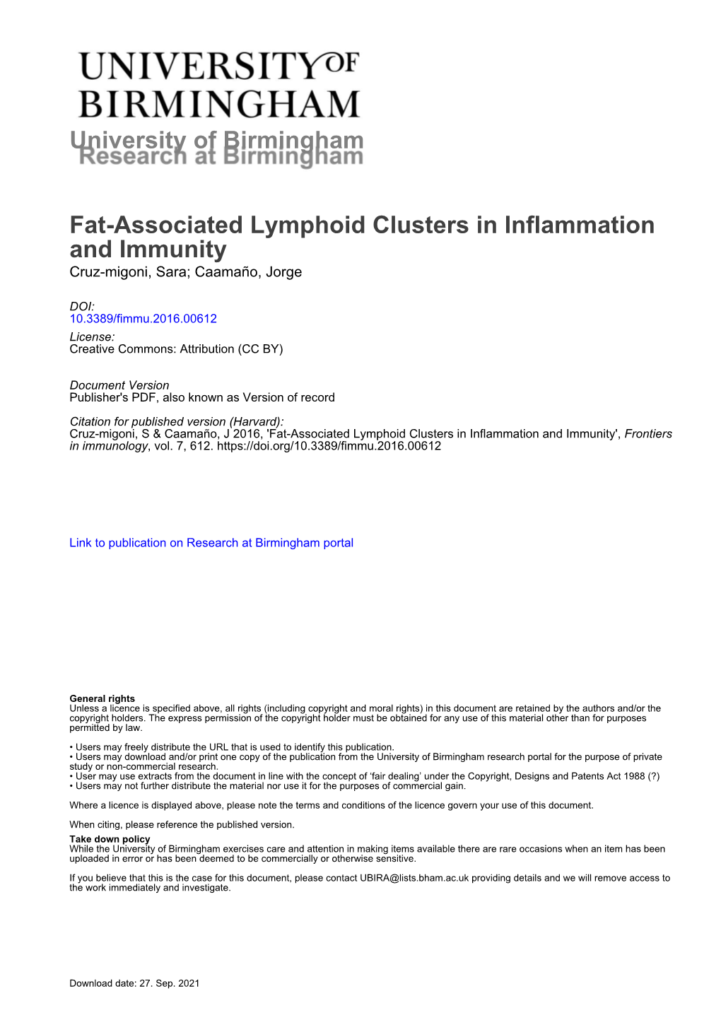 Fat-Associated Lymphoid Clusters in Inflammation and Immunity Cruz-Migoni, Sara; Caamaño, Jorge