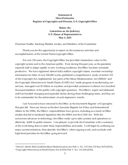 Statement of Shira Perlmutter Register of Copyrights and Director, U.S. Copyright Office