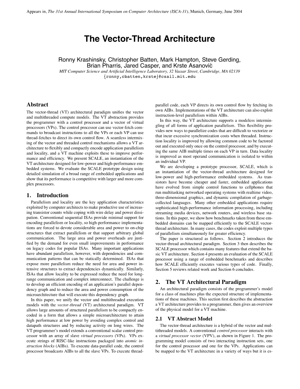 The Vector-Thread Architecture