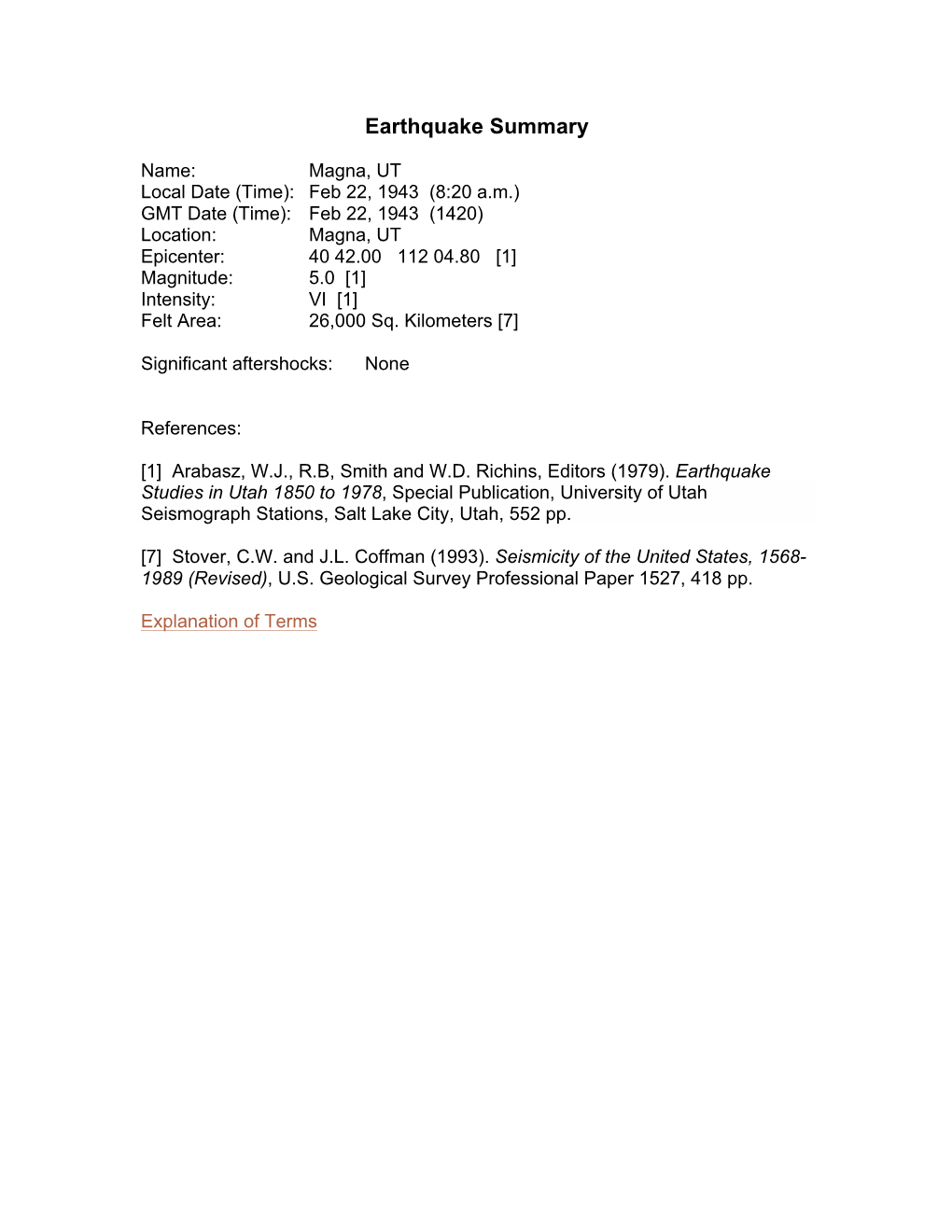 Earthquake Summary