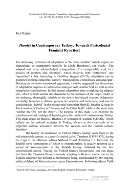 Hamlet in Contemporary Turkey: Towards Postcolonial Feminist Rewrites?