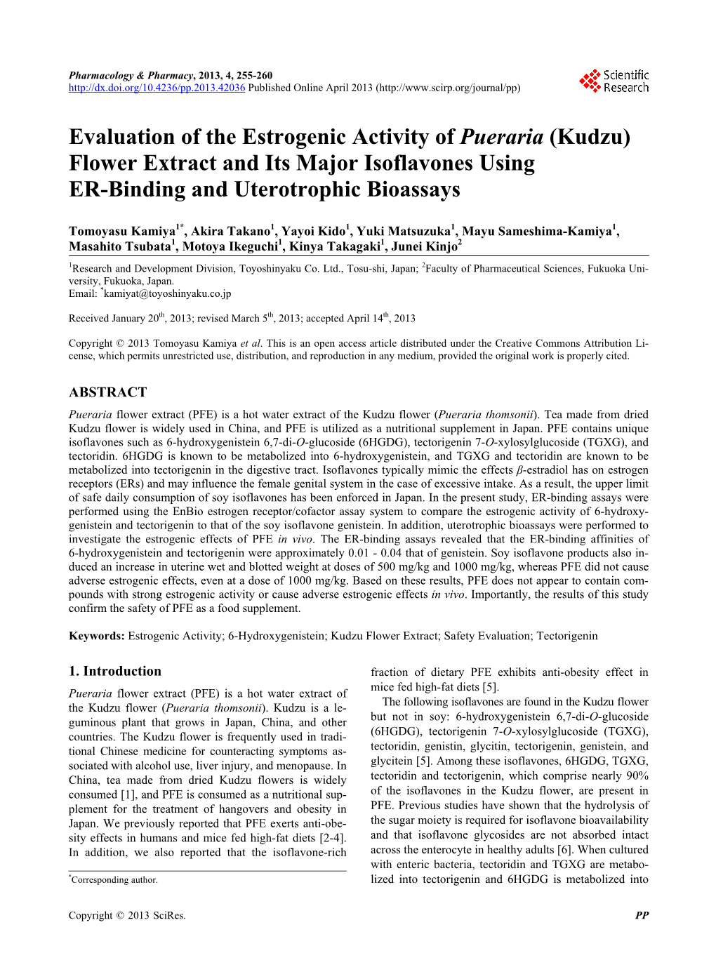 Evaluation of the Estrogenic Activity of Pueraria (Kudzu) Flower Extract and Its Major Isoflavones Using ER-Binding and Uterotrophic Bioassays