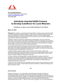 Astrobotic Awarded NASA Contract to Develop Cuberover for Lunar Missions