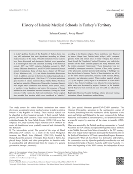 History of Islamic Medical Schools in Turkey's Territory