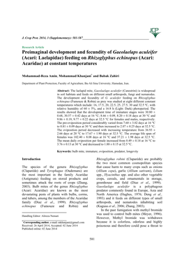 Feeding on Rhizoglyphus Echinopus (Acari: Acaridae) at Constant Temperatures