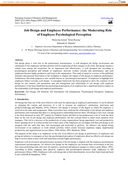 Job Design and Employee Performance: the Moderating Role of Employee Psychological Perception