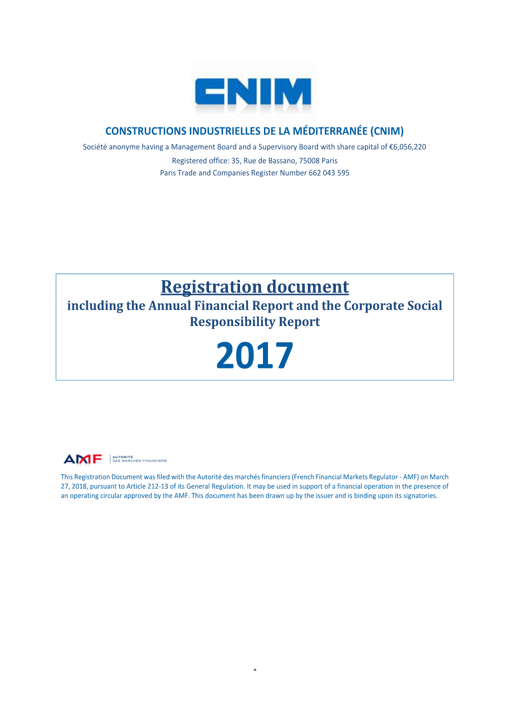 Registration Document Including the Annual Financial Report and the Corporate Social Responsibility Report 2017
