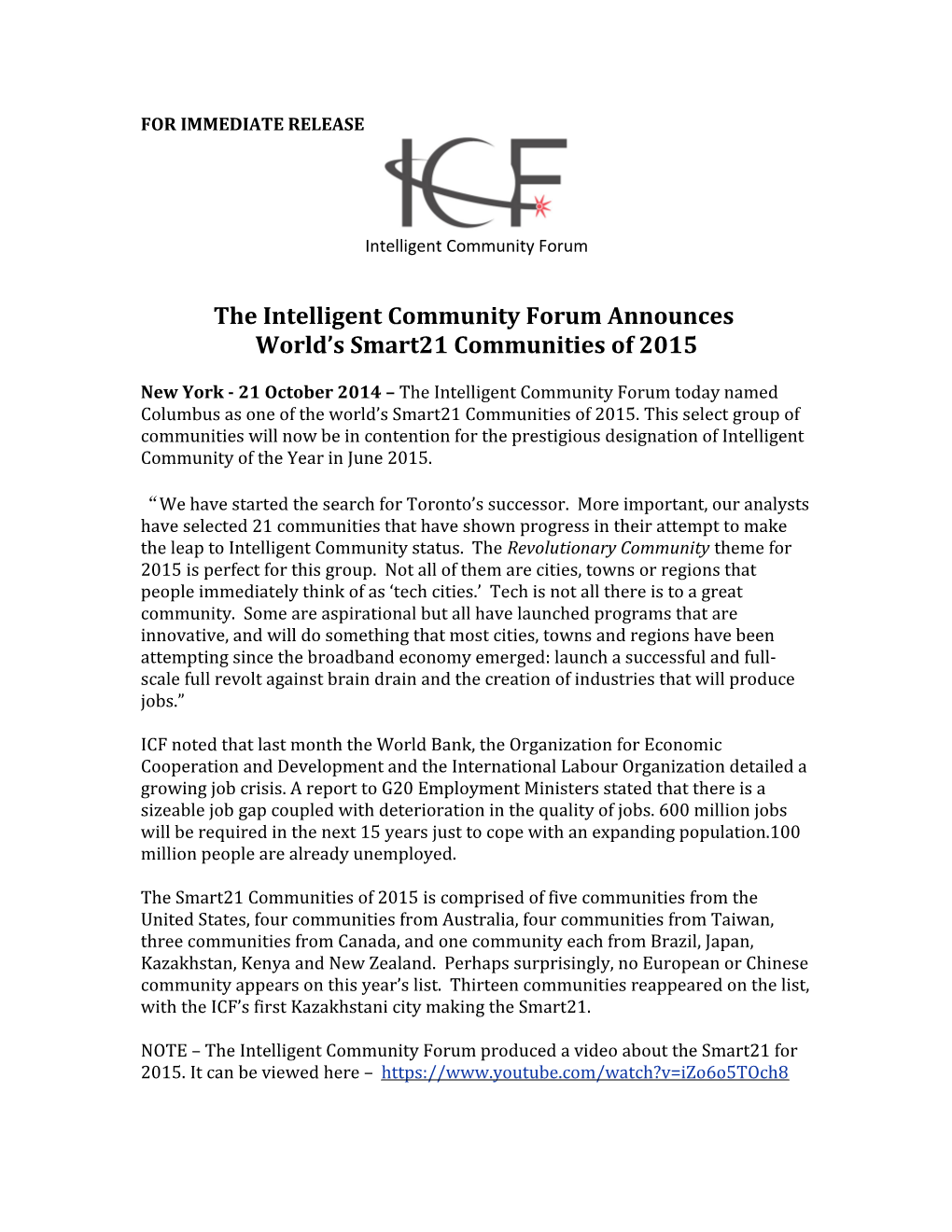 The Intelligent Community Forum Announces