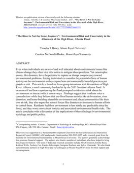 The River Is Not the Same Anymore": Environmental Risk and Uncertainty in the Aftermath of the High River, Alberta Flood