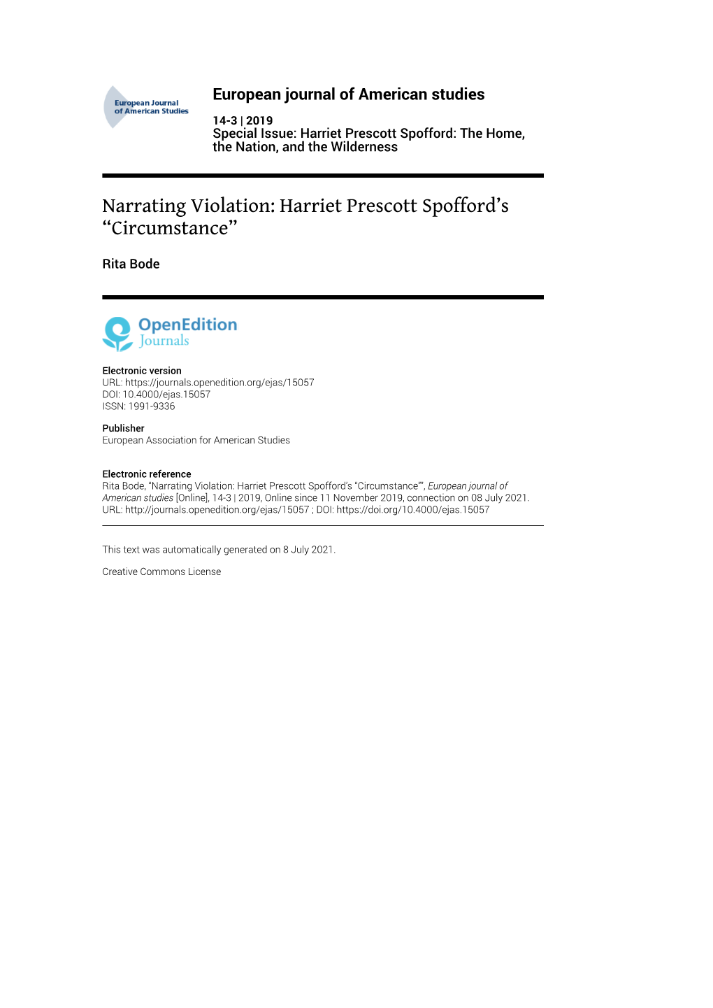 European Journal of American Studies, 14-3 | 2019 Narrating Violation: Harriet Prescott Spofford’S “Circumstance” 2