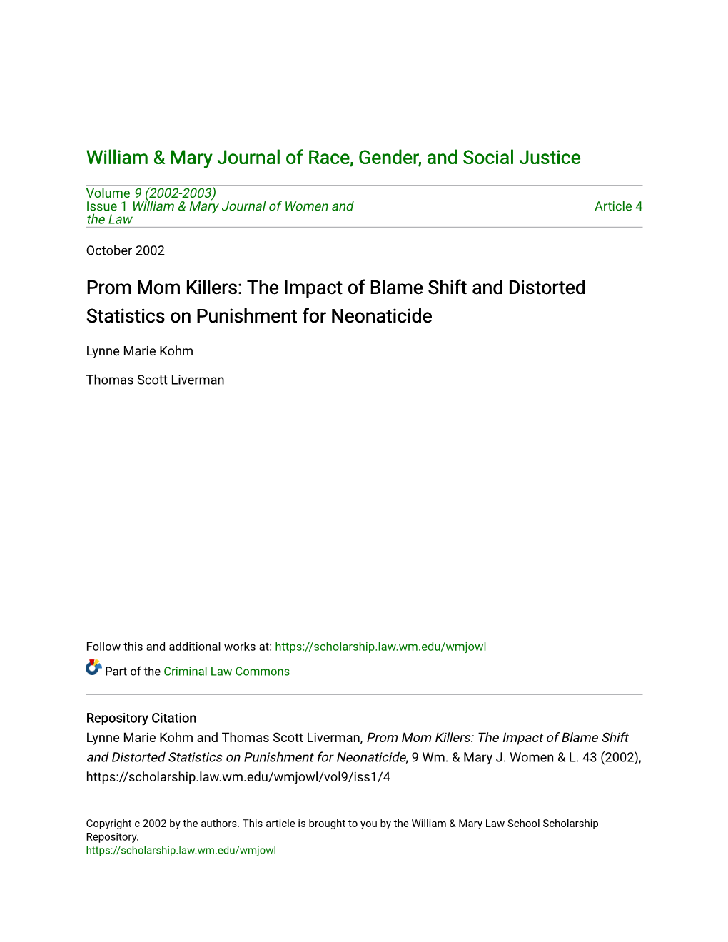 Prom Mom Killers: the Impact of Blame Shift and Distorted Statistics on Punishment for Neonaticide