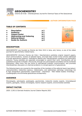 GEOCHEMISTRY Chemie Der Erde - Interdisciplinary Journal for Chemical Topics of the Geosciences