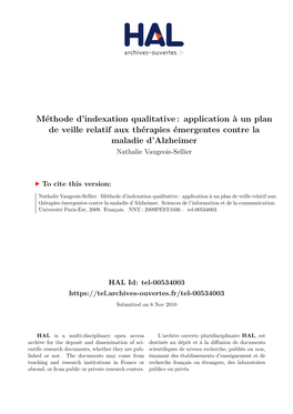 Méthode D'indexation Qualitative: Application À Un Plan De Veille Relatif Aux Thérapies Émergentes Contre La Maladie D